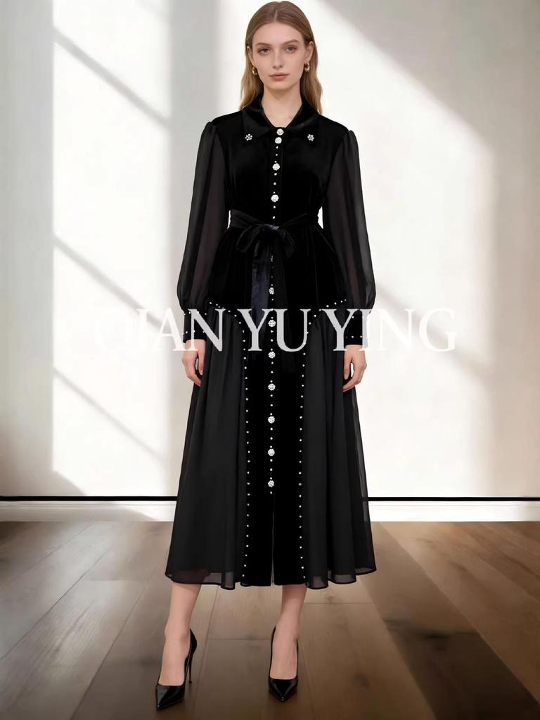 Elegant Belted Long-Sleeve French Dress with Button and Rhinestone Detailing