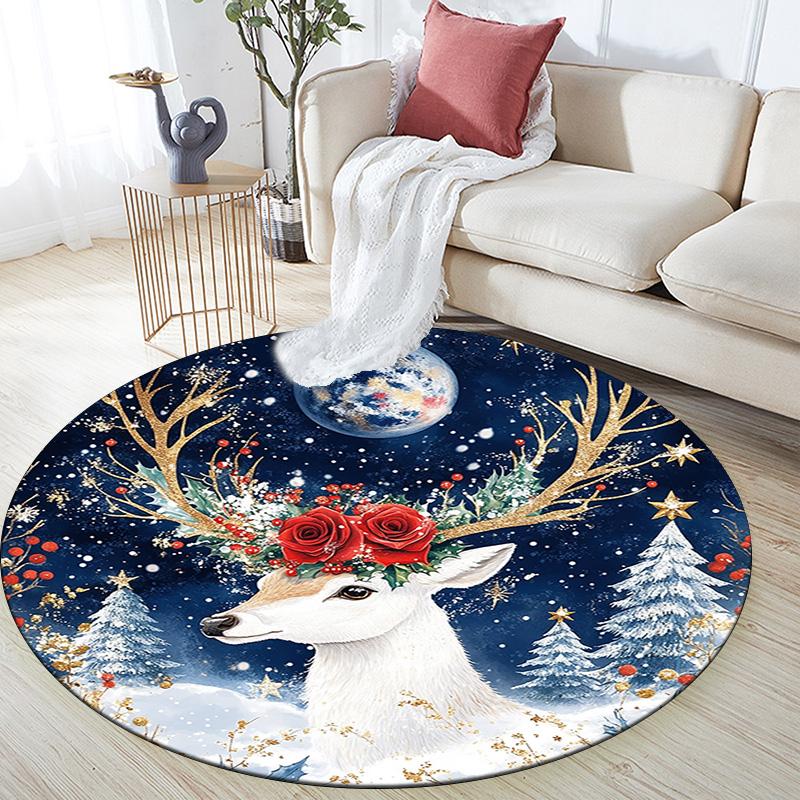 Winter Deer Round Area Rug,Carpet Rug for Living Room Bedroom Sofa Playroom Decor,Non-slip Floor Mat