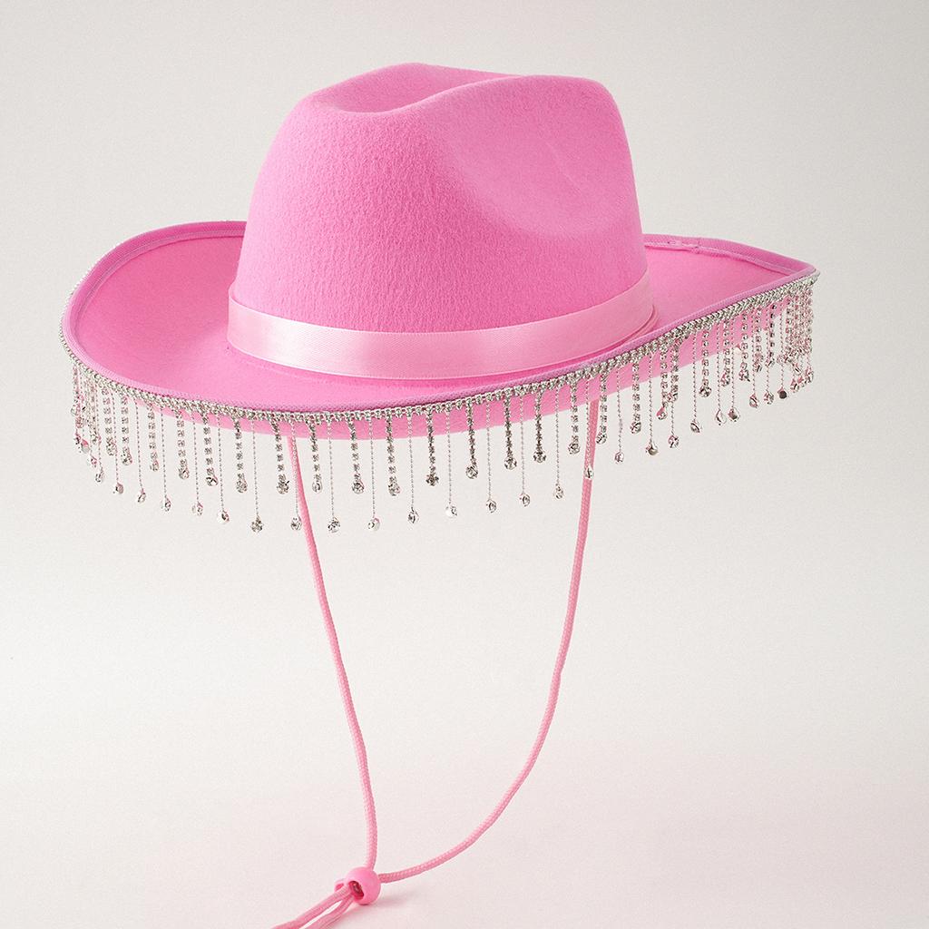 Beliebter Damen Barbie Pink Brauthut Cowboyhut Modeband Quaste Passend Hochzeit Konzert Erwachsener