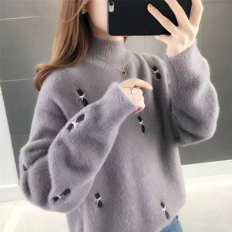 Mink Fur Sweater for Women Loose Fitting for Autumn and WinterLazy Semi High Neck and Thick Knit Base Sweater with Fleece