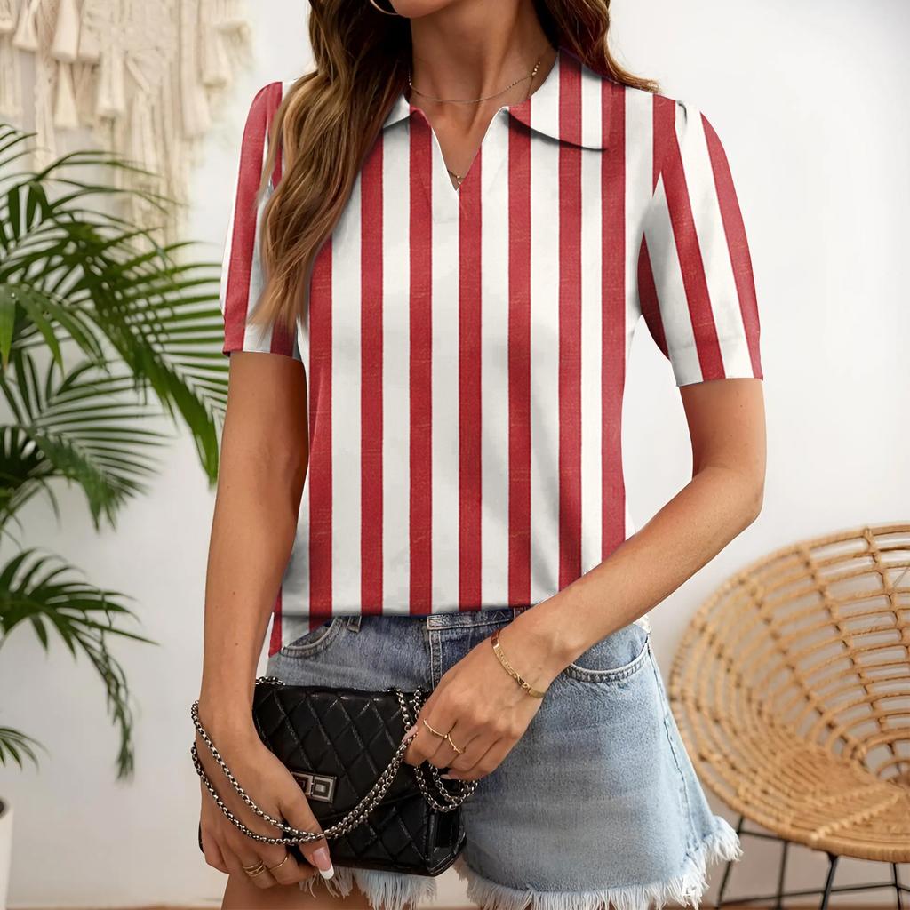 Women Casual Short Sleeve V Neck Shirt Striped Pattern Lightweight Relaxed Fit Blouse Suitable for Daily Wear and Outdoor Activities