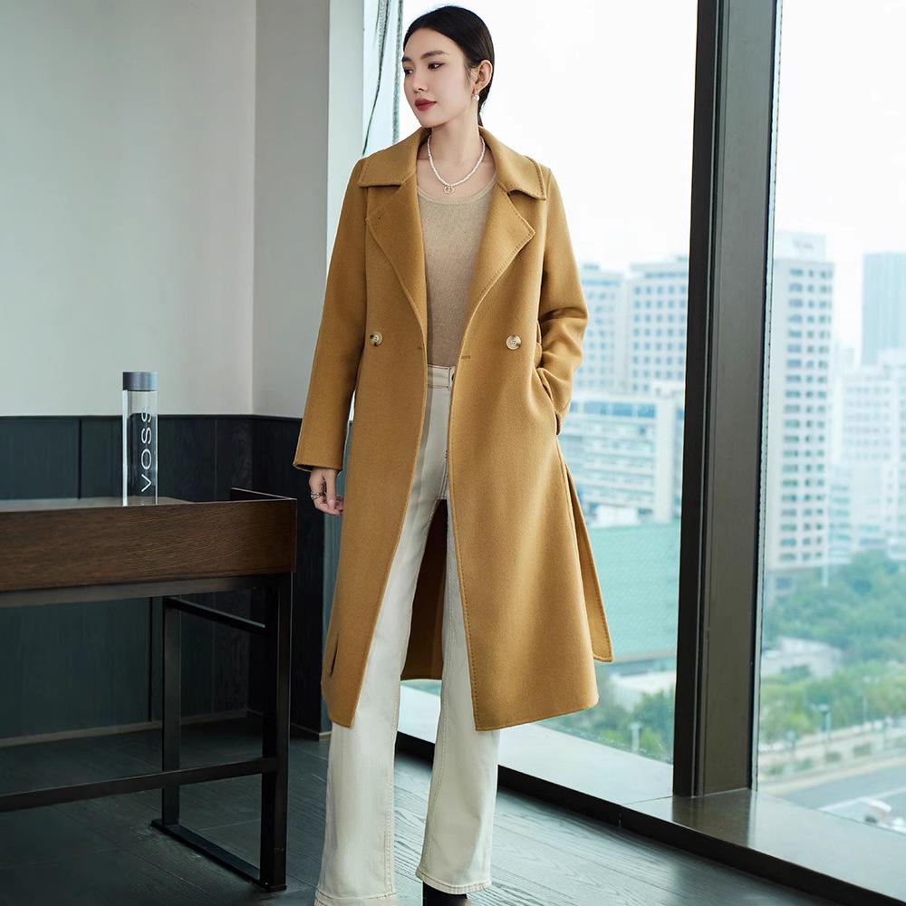 Women's Extra-Long Slim-Fit Over-the-Knee Double-Faced 100% Wool Queen Style Trench Coat for Autumn/Winter
