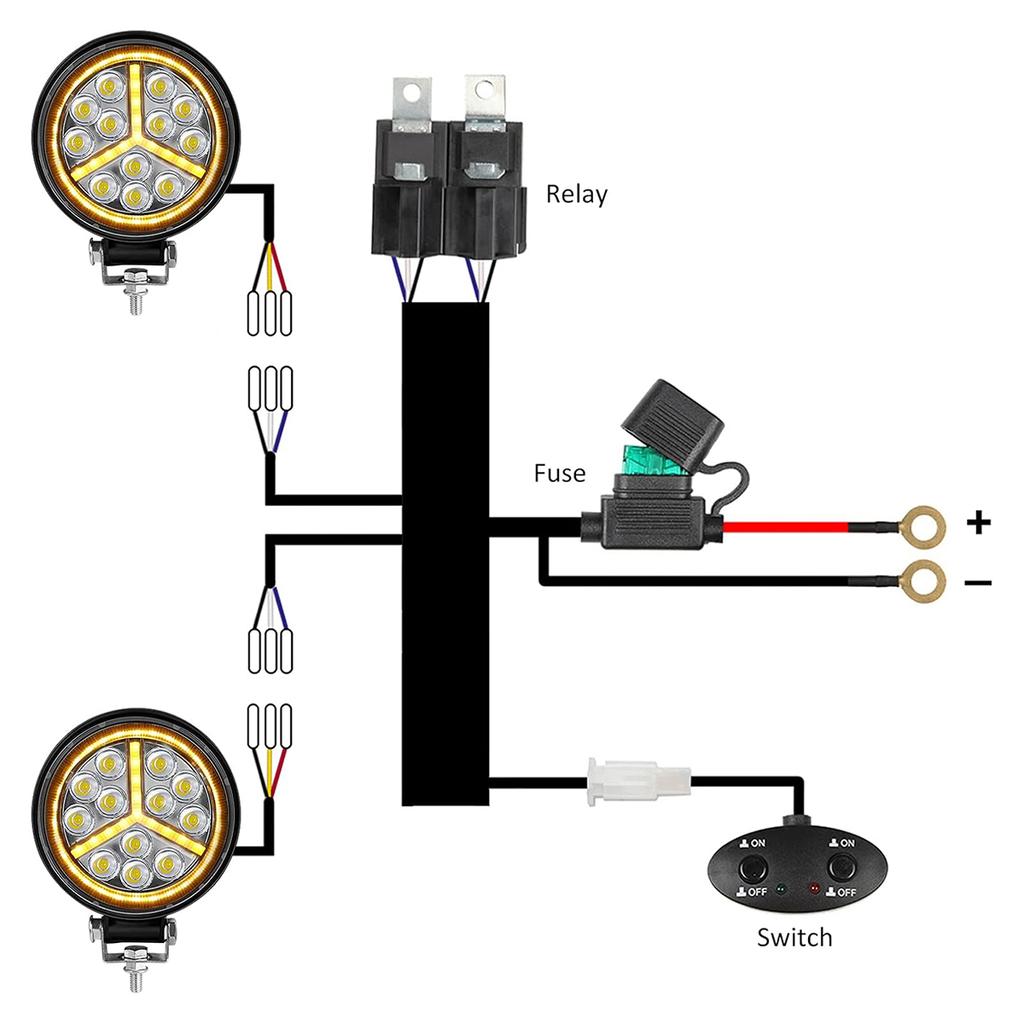 Amber White Dual Color Light Bar Wiring Harness Kit 16AWG with 12V Relay 15A Inline Blade Fuse Push Button Switch