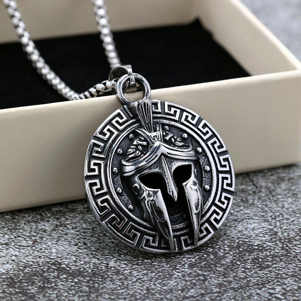 Antique Spartan Warrior Mask Pendant Necklace Stainless Steel Mens Jewelry Single Sided Design