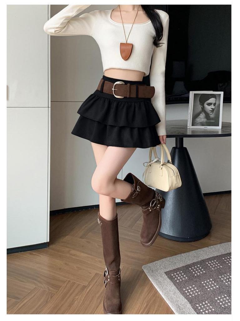 Air Layer Suede Plush High Waist Petite Slimming A-Line Skirt - 2025 Autumn/Winter Collection