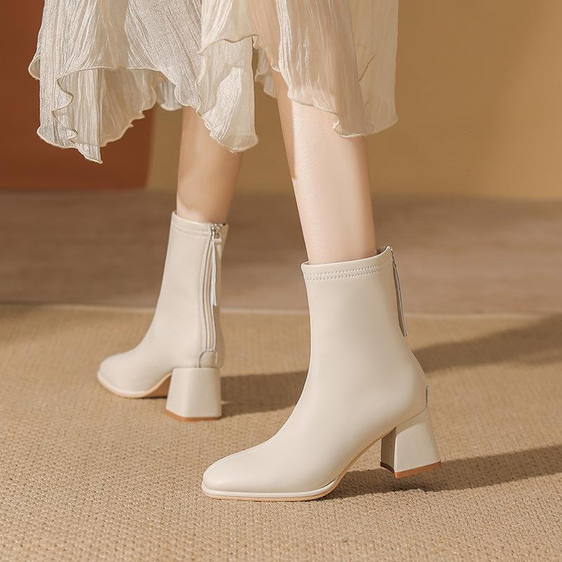 White short boots women's high heels 2025 autumn and winter new velvet square head thin boots medium thick heel short Martin boots