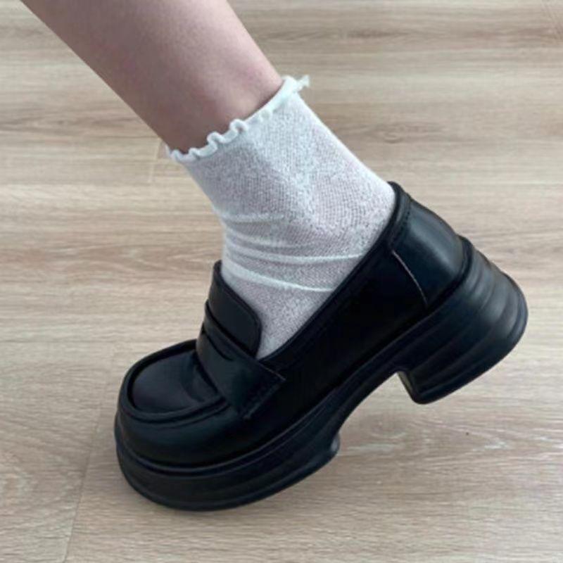 Korean version of round head platform single shoes women's black college style small leather shoes versatile British loafers 2025jk shoes