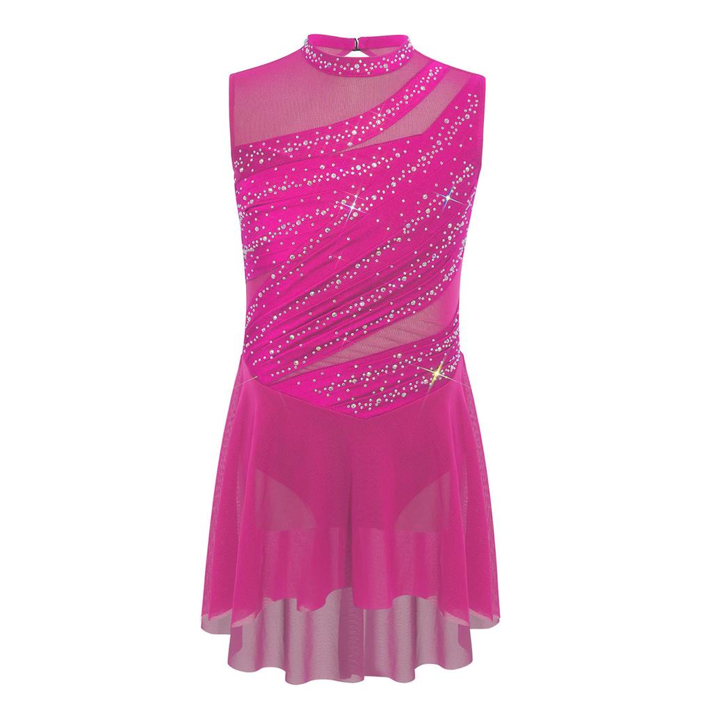 Mädchen Mesh Patchwork Ärmellos Cutout Rücken Raffung Hoher Niedriger Saum Glitzernder Strassstein Kleid Tanzaufführungskleid