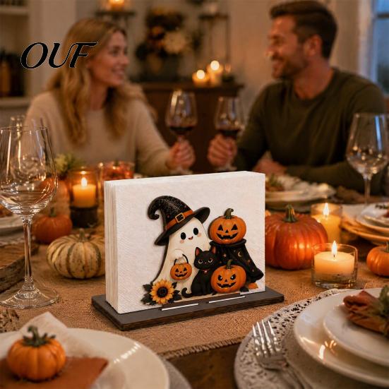 Paper Towel Stand Halloween Wooden Napkin Holder for Table, Ghost Pumpkin Black Cat Standing Holiday Dispenser, Kitchen Dining Table Dispenser