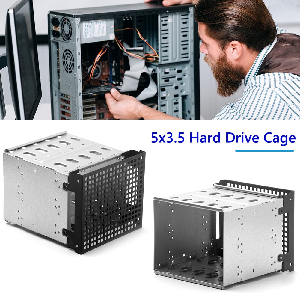 Dovhmoh Storage Expansion Hard Drive Cage, DIY Hard Drive Disk Cage Rack, 5.25-inch to 5x3.5-inch Brackets, with 12cm Fan