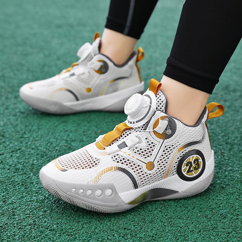 Boys Shoes Sports Mesh Shoes Rotating Button Youth Breathable Mesh Shock Absorption Children's Basketball Shoes Students