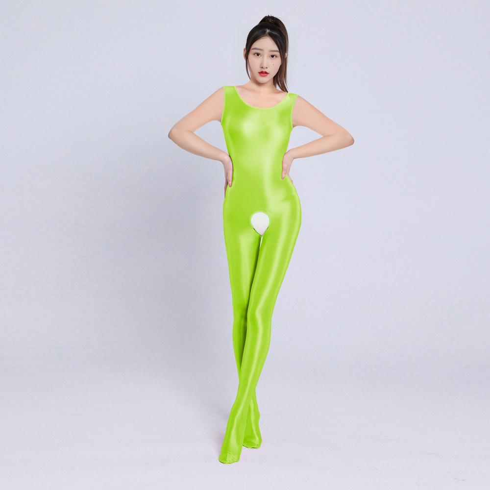 Sexy Women Candy Color Jumpsuit High Elastic Slip Shiny Bodysuit Slimming Tight Open Crotch Leotard Shaper Wear Sleeveless