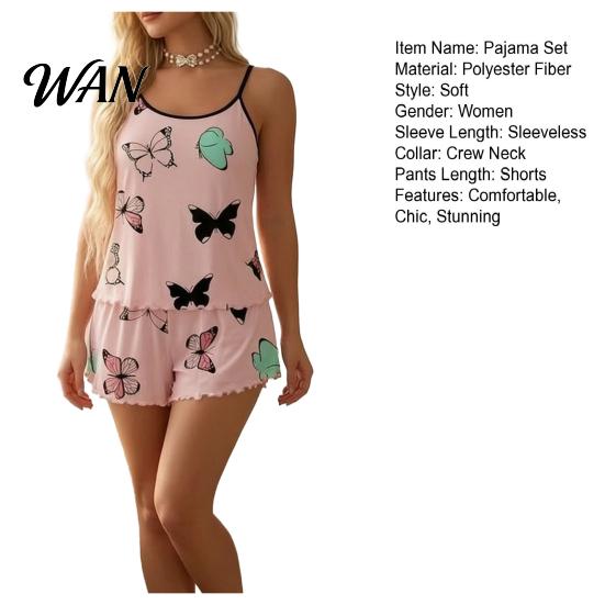 Leichte Damen-Schlafanzüge, 2-teilige ärmellose Trägertop- und Shorts-Sets, Sommer Schmetterlingsdruck Rüschen