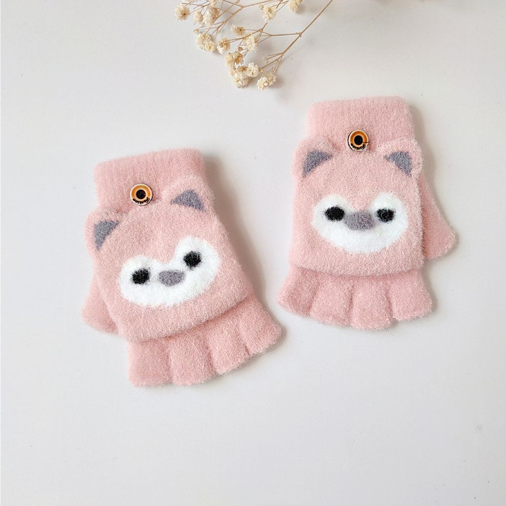 

Plush Cat Ear Children Children Gloves Half Finger Gloves Korean Knitted Mittens Flip Cover Gloves розовый
