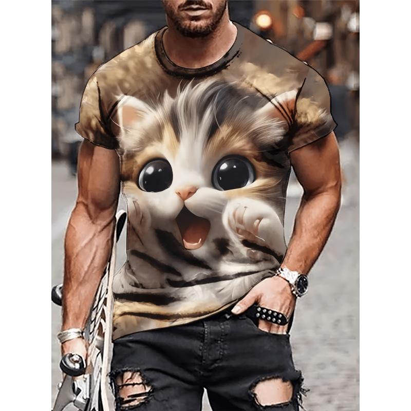 3D Cute Cat Men's T-Shirt, Funny Animal Print Short Sleeve, Harajuku Street Style Top, Crew Neck