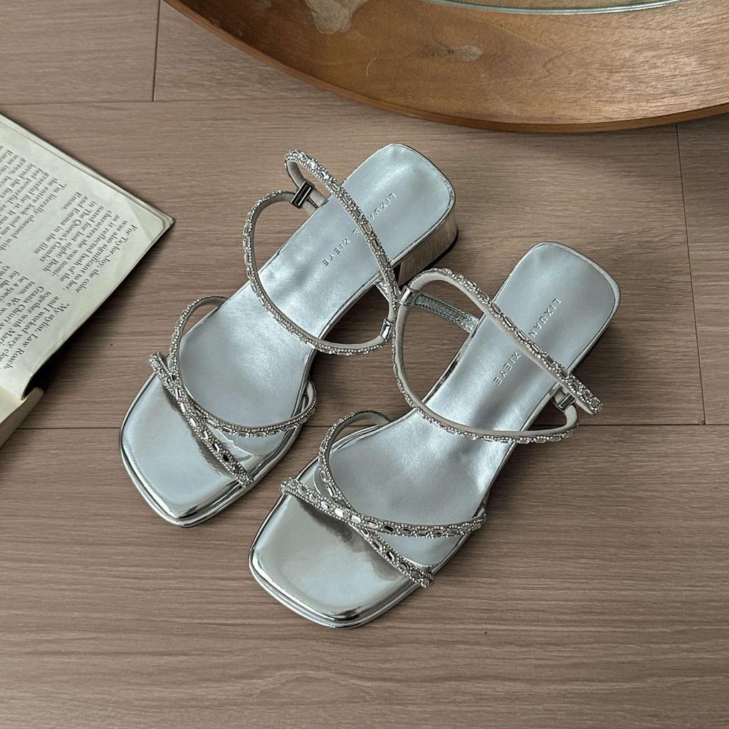 Coarse heel high heel rhinestone sandals women's summer wear 2025 new beautiful fashion temperament with skirt high heels