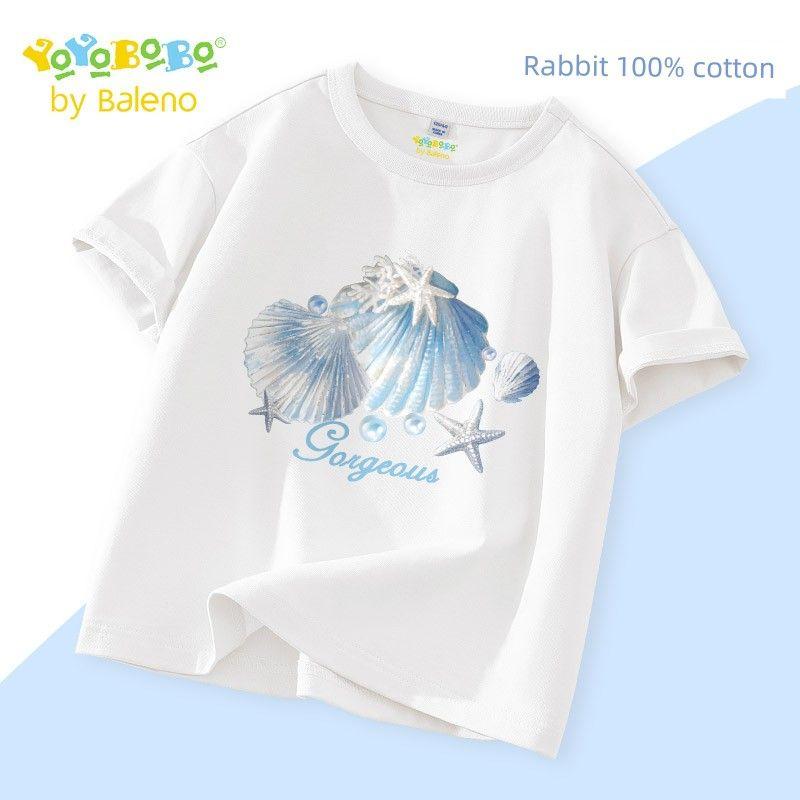 Baleno Kids Ybb Series Girls  Summer Short-Sleeve T-Shirt Children s Pure Cotton Sportswear Big Kids Thin Summer Clothing White/Yb Shell Blue 130