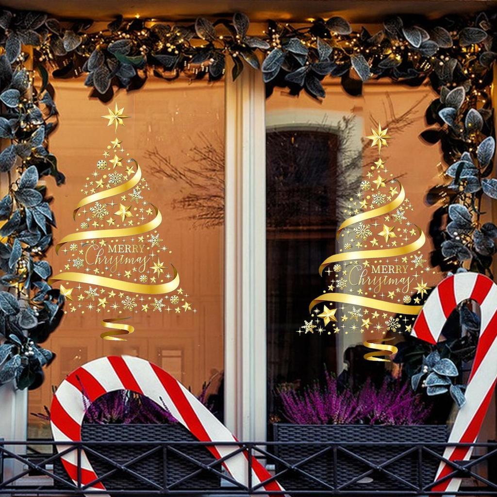 2pcs Christmas Window Stickers PVC Golden Tree Electrostatic Clings Holiday Glass Decals Decorations for Home Bedroom Restaurant