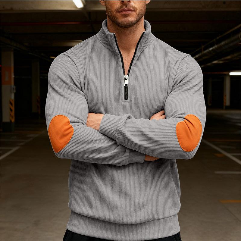 New Men's Autumn Casual Corduroy Solid-Colour Elbow-Patch Zip-Up Hooded Sweatshirt with Stand-Up Collar
