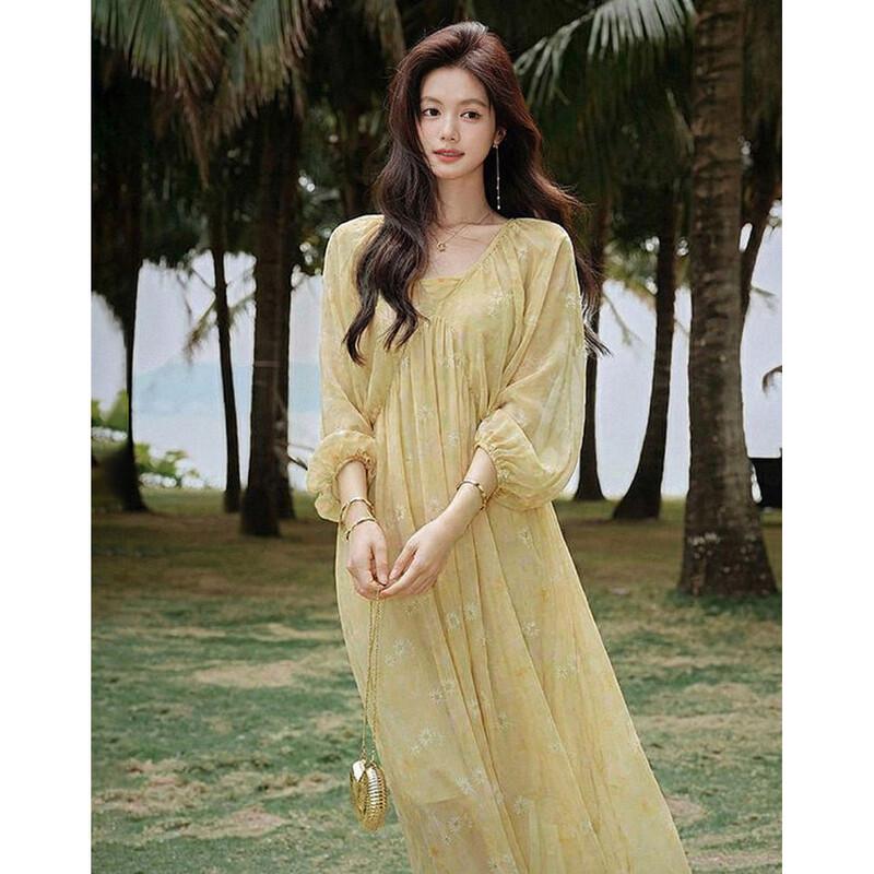 Elegant French Floral Puff Sleeve V-Neck Dress L