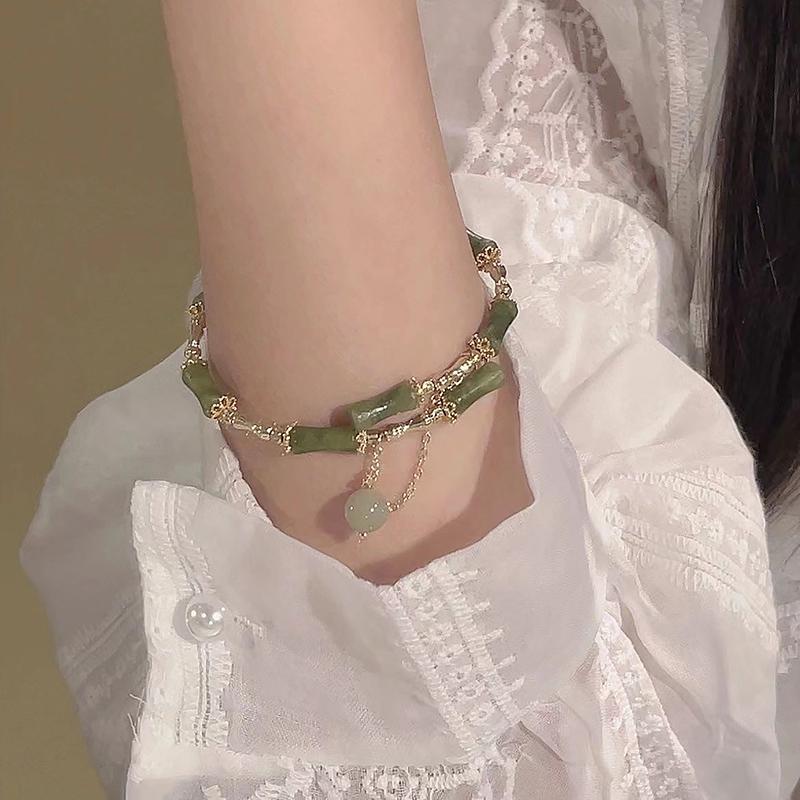 Chinese Style Retro Green Bamboo Joint Beaded Bracelet For Women'S Fashion Unique Exquisite Charm Bracelet Jewelry Gift