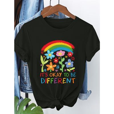 Women's Short Sleeve T-Shirt Rainbow Floral Graphic "It's Okay To Be Different" Letter Printed Summer Casual Round Neck Top