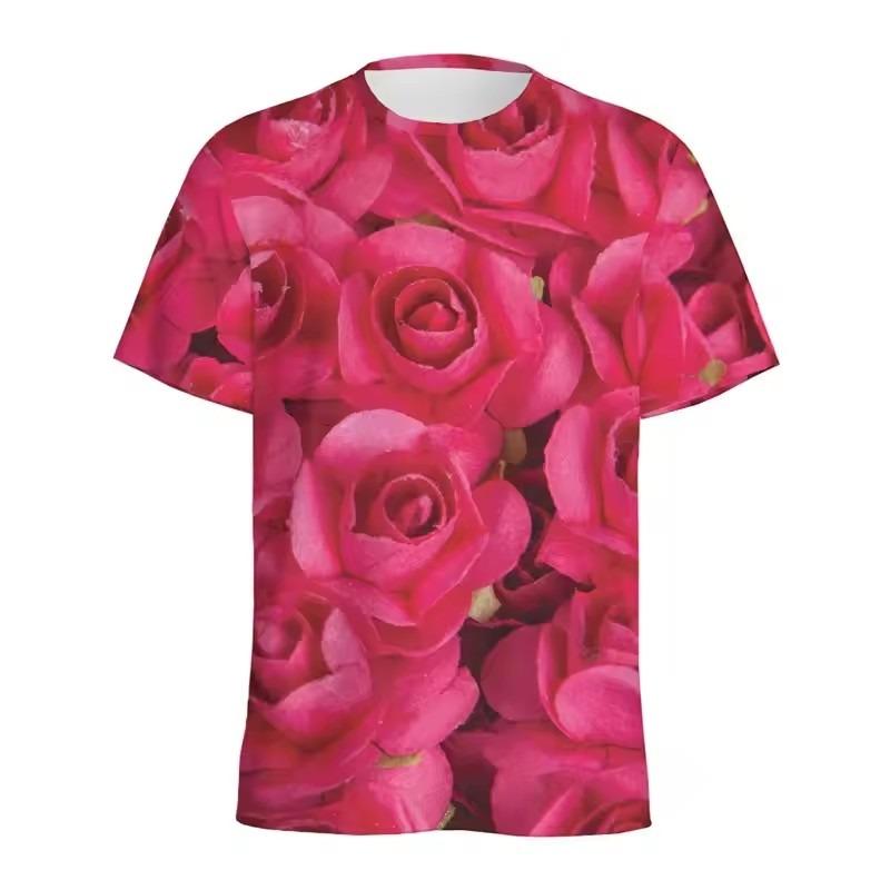 Rote Blumen Rose 3D-Druck T-Shirt Romantisch Lustig Kurzarm Rundhals T-Shirt Herrenbekleidung 2024 Sommer Neu Atmungsaktives T-Shirt