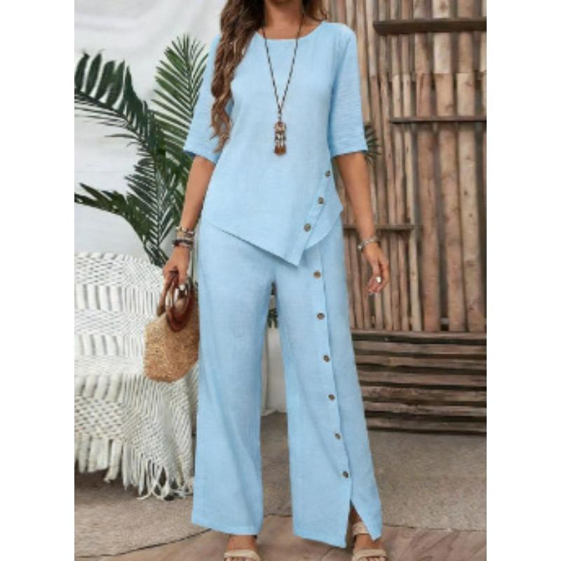 Women's new irregular hem trousers set, elegant fashion casual button loose two-piece set