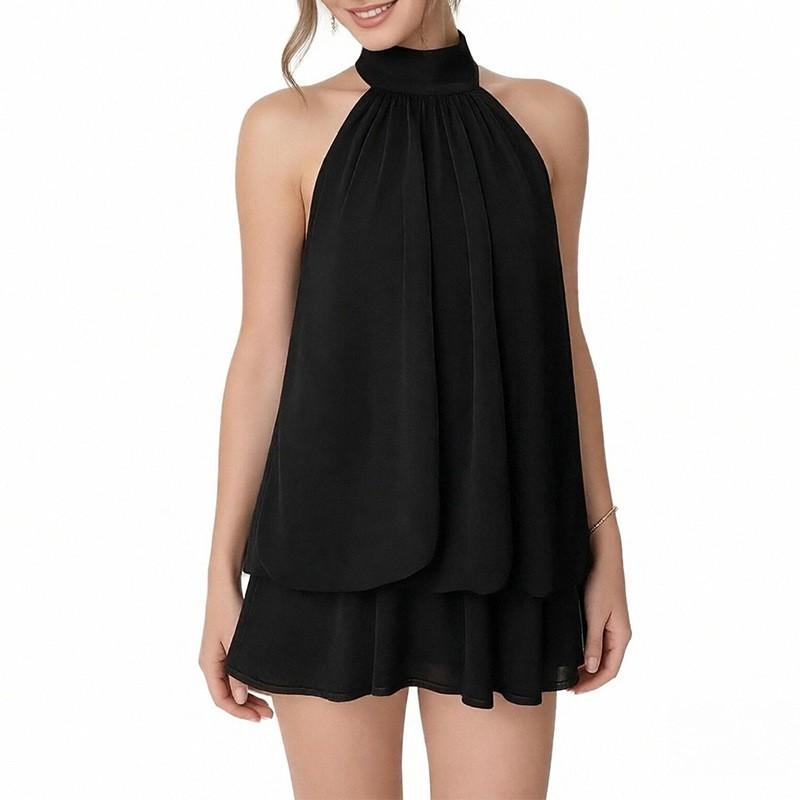 2026 Womens Sweet Style Sleeveless Halter Neck Ruffle Hem Casual Skirt Set