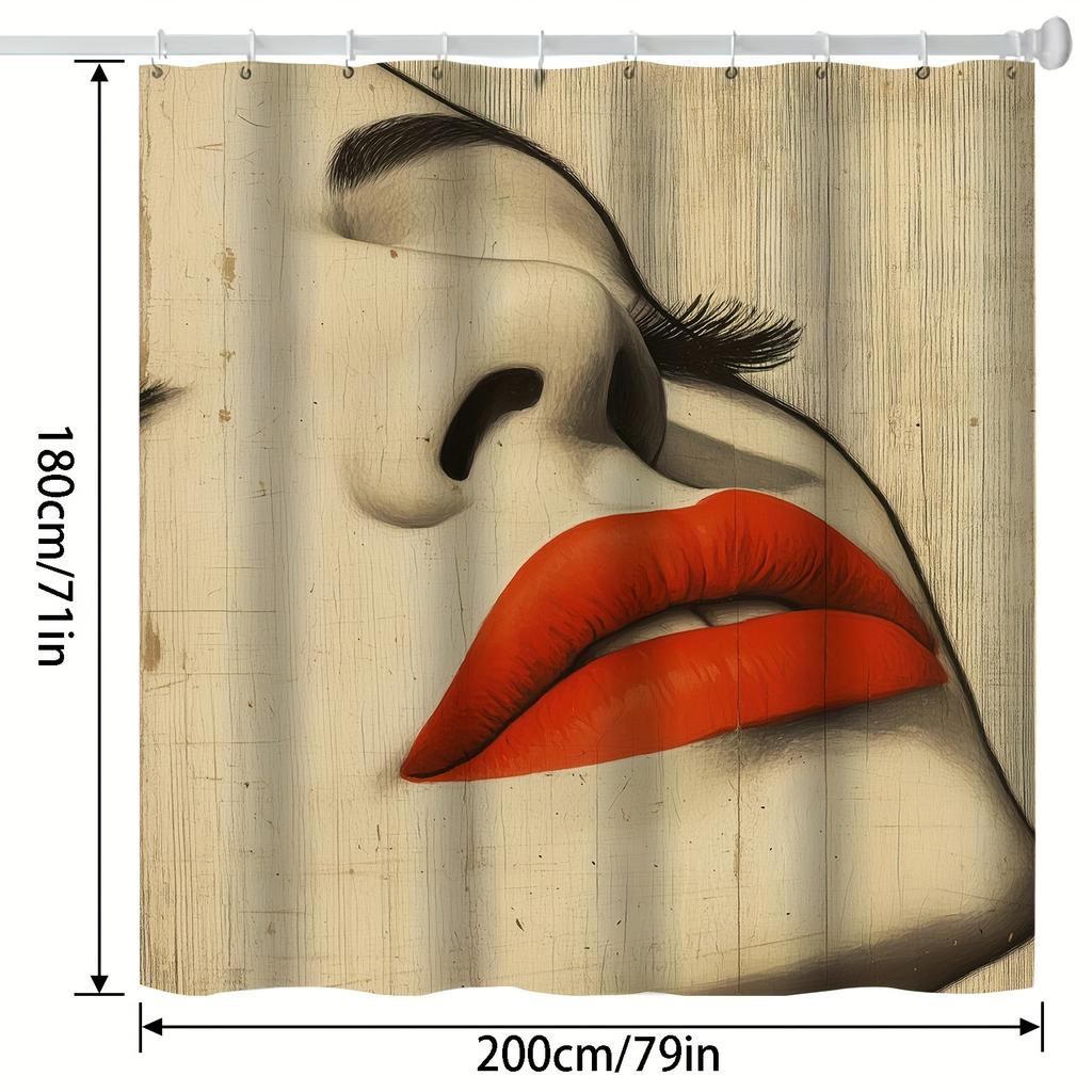Modern Nordic-Inspired Shower Curtain - Bold Red Lips Art Print, Wooden Texture Background, Polyester, Washable, Includes Hooks
