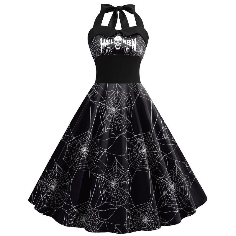 Summer New Halloween Dress Skull Cobweb Printing Costume Women's Strap High Waist Dress Children