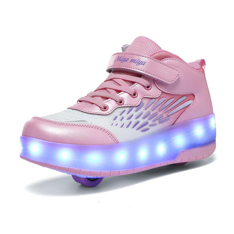 Children's Purple and White Convertible Four-Wheel Roller Shoes with Double-Wheel Hidden Skates
