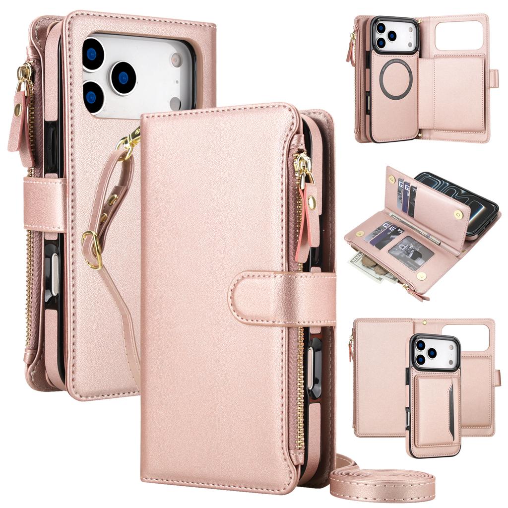 Custodia in Pelle a Portafoglio con Laccio Lungo da Collo e Slot per Carte per iPhone 17 Pro Max 16 15 14 13 12 11 Antiurto Per Cover Magsafe