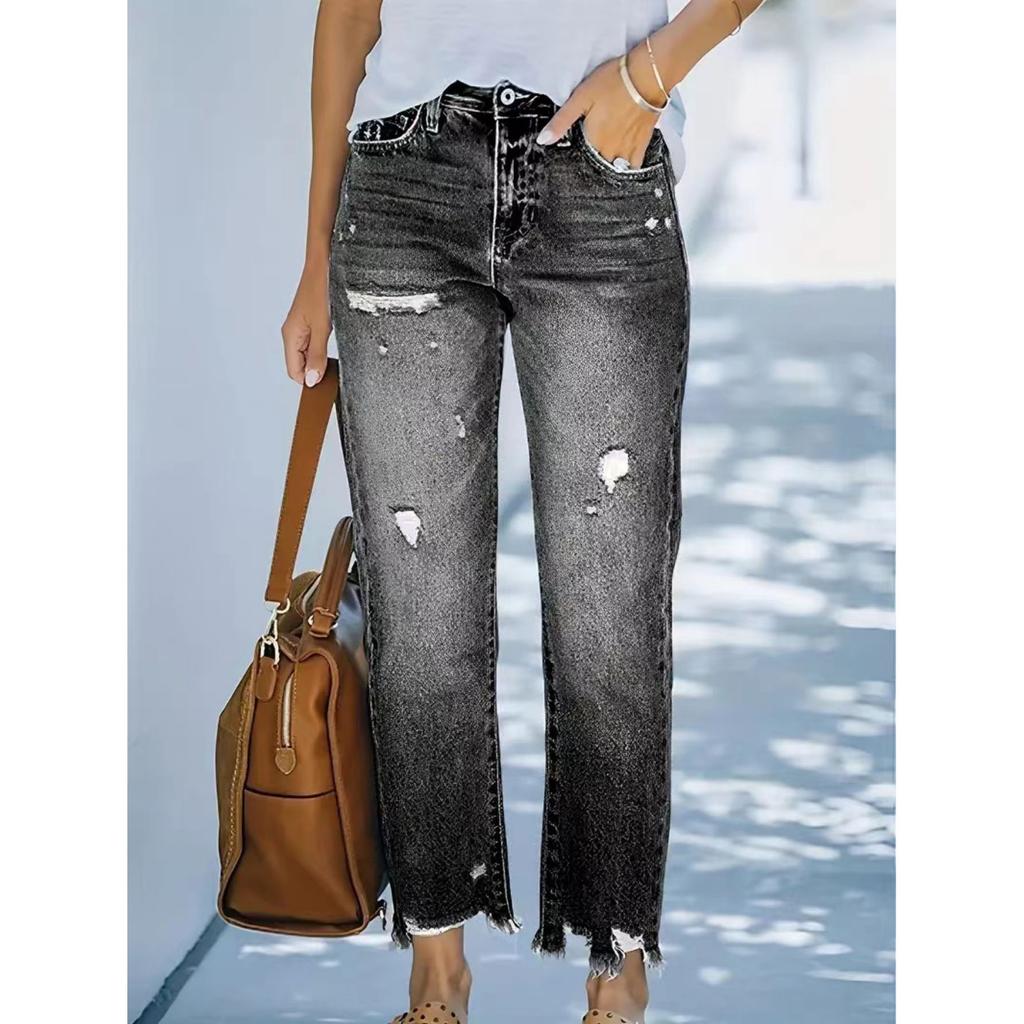 Fashion Broken Holes Tassel Pencil Jeans Women's Stretch Slim Fit Trousers Female Sweet Style Street Casual Commuter Denim Pants
