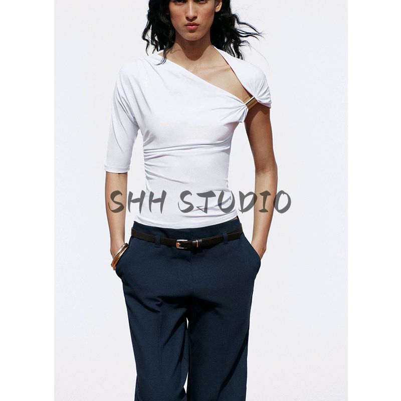 Spring and Summer New Women's Clothing Short Sleeve Multi-Color Selection Pure Color Chinlon Blended Asymmetric Minimalist Tops 1026164