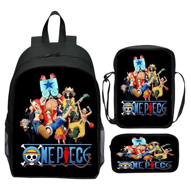 Set Zaino 3 Pezzi Stampato One Piece Cartone Animato Pirata Blu Marinaio Zaino Scuola Elementare Grande Capacità Resistente all'Acqua Zaino per Bambini