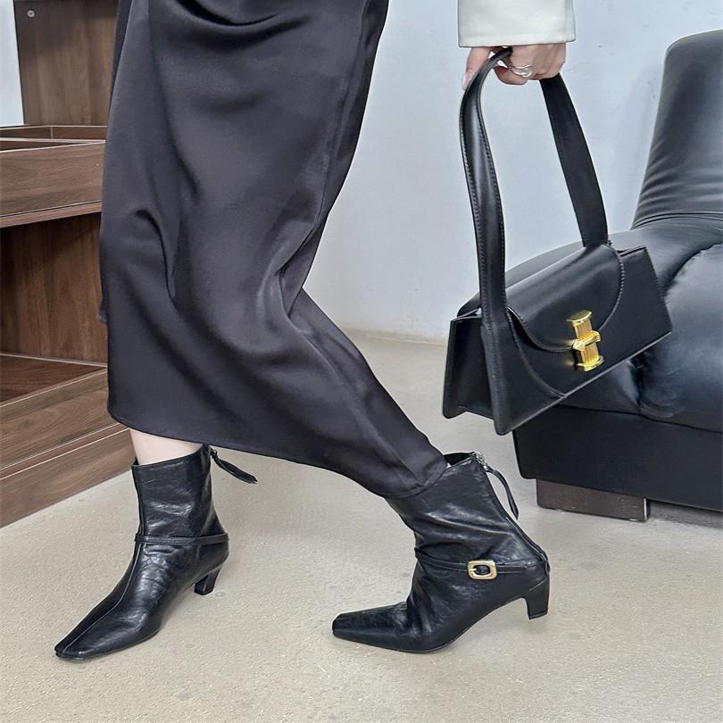 Belt Buckle and Bare Boots Women's Short Boots Autumn New Products Inside and Outside Head Middle Heel Rear Zipper Women's Single Boots