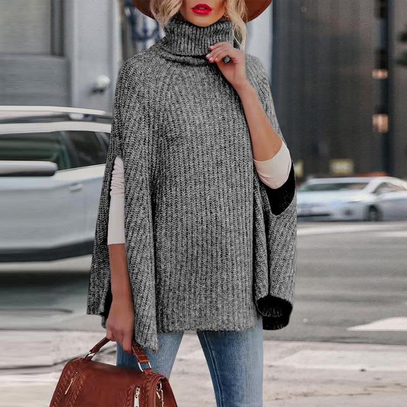 2025 Autumn/Winter Women's High Neck Loose Fashion Cape Sweater - Solid Color