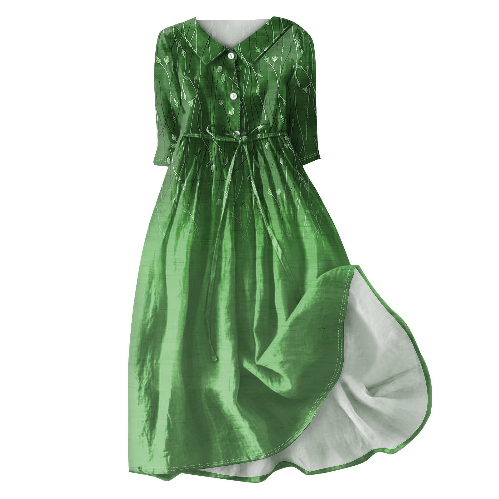 

Женское летнее повседневное модное платье с отворотом и пуговицами с рукавами три четверти и ремнем L зелёный