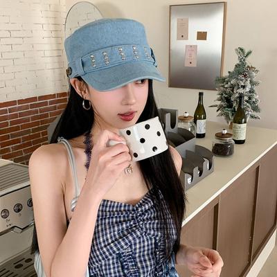 Retro Cloth Rivet Denim Beret Y2k Korean Style Rivet Flat Top Fashion Washed Denim Equestrian Hat Streetwear