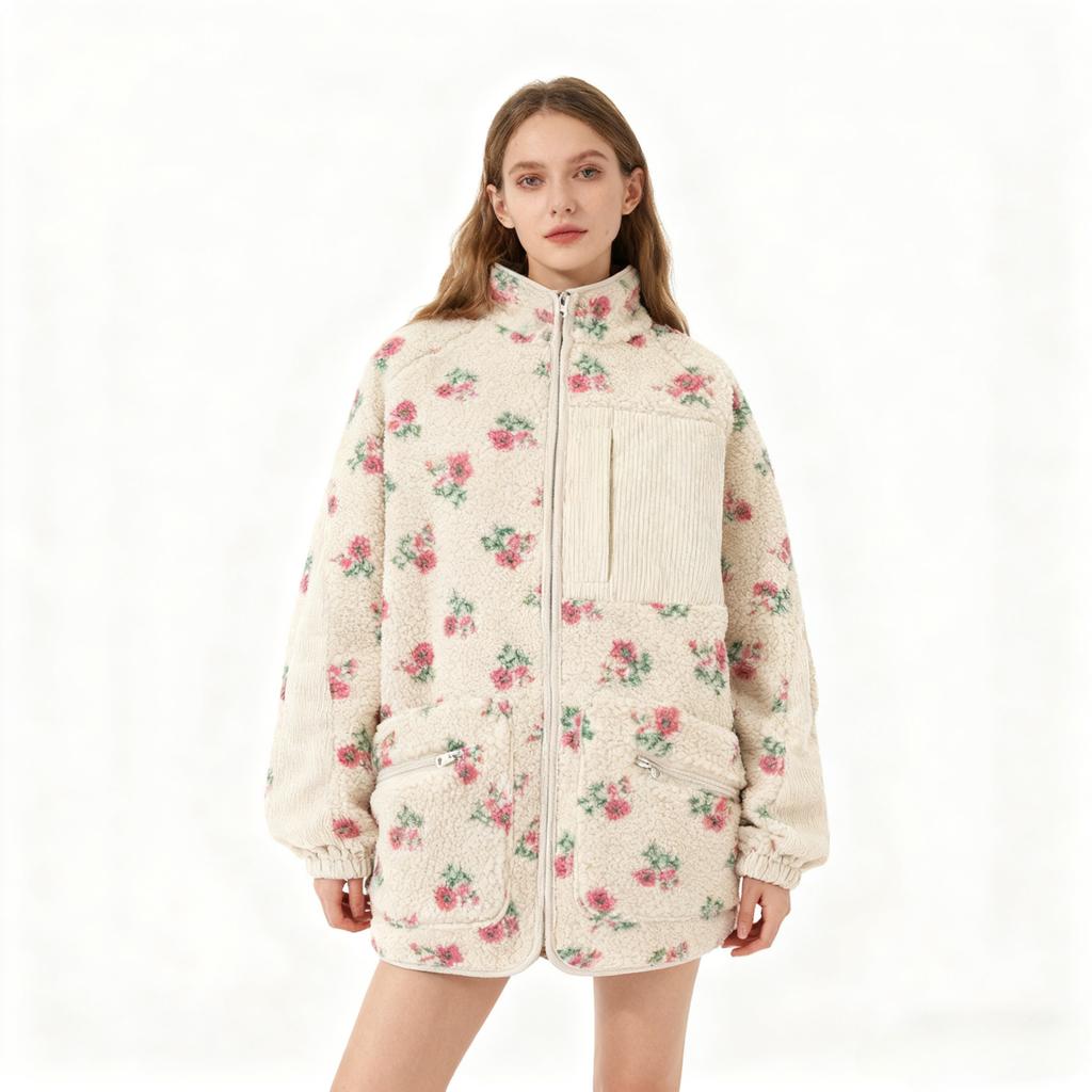 Mode Wolle Fleece Blume Warm Reißverschluss Pullover Jacke Stehkragen Locker Jacke Verdickt Herbst/Winter Damenbekleidung