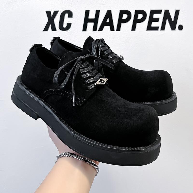 Derby Shoes Men's 2024 Spring and Autumn New Big Head Shoes Thick Sole Heightening Low Top Round Head Fashion Leather Shoes 1088-A