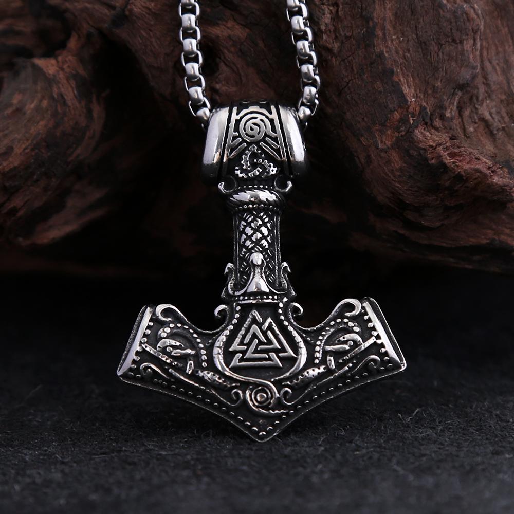 Fashion Vintage Viking Thor's Hammer Pendant Necklaces Punk Hip Hop Nordic Valknut Necklace Male Amulet Jewelry Gifts Wholesale