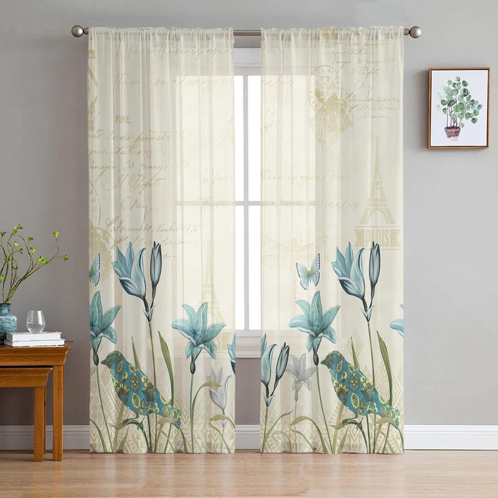Vintage Tulpen Blumen Schmetterlinge Schlafzimmer Transparente Gardinen Urlaub Dekoration Fenster Voile Tüll Vorhang