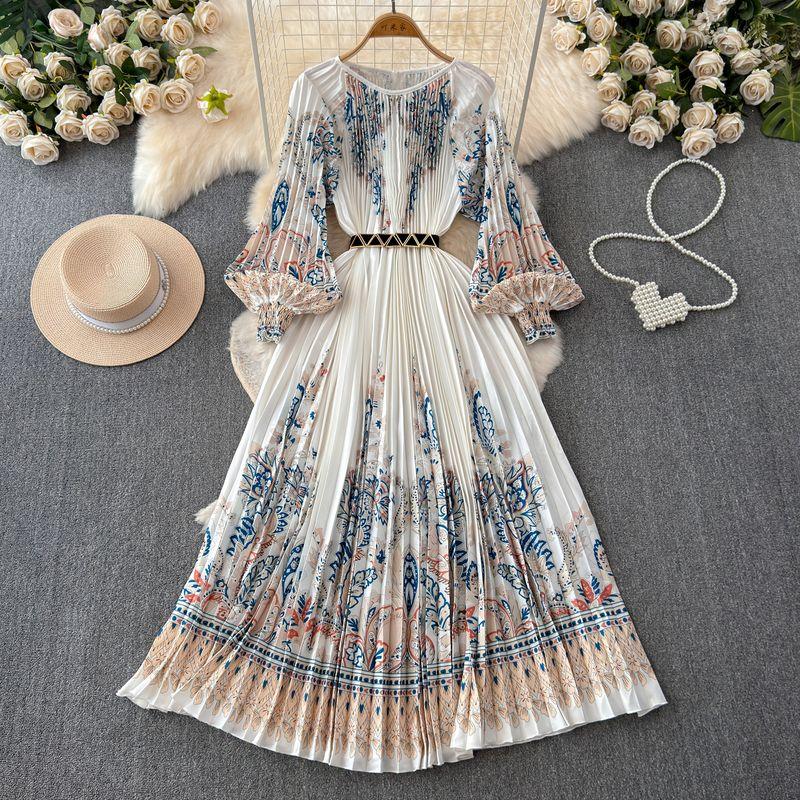 

French Style Fancy Palace Style Print Dress Women s Autumn and Winter Lantern Sleeve Stylish Small Super Fairy Long Dress White background printing All yards