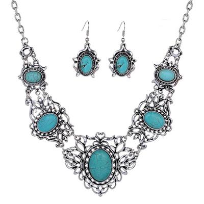 Women's Hollow Tibetan Oval Turquoise Bib Collar Necklace Earrings Jewelry Set