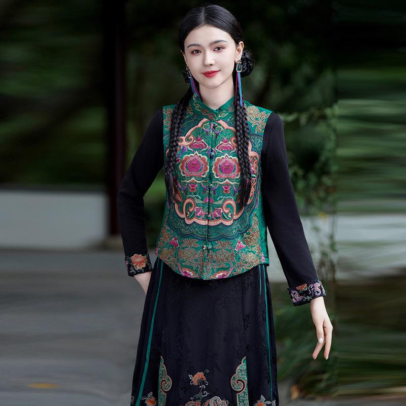 

Women s Sleeveless Vest - Retro Frog Button & Embroidery XXL зелений