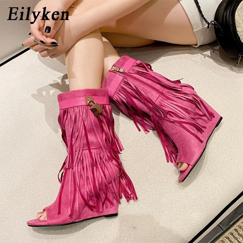 Mode Eilyken Frühling Sommer Design FRANSEN Keilabsätze High Heels Damen Stiefel Sandalen Reißverschluss Peep Toe Bankett Party Kleidschuhe