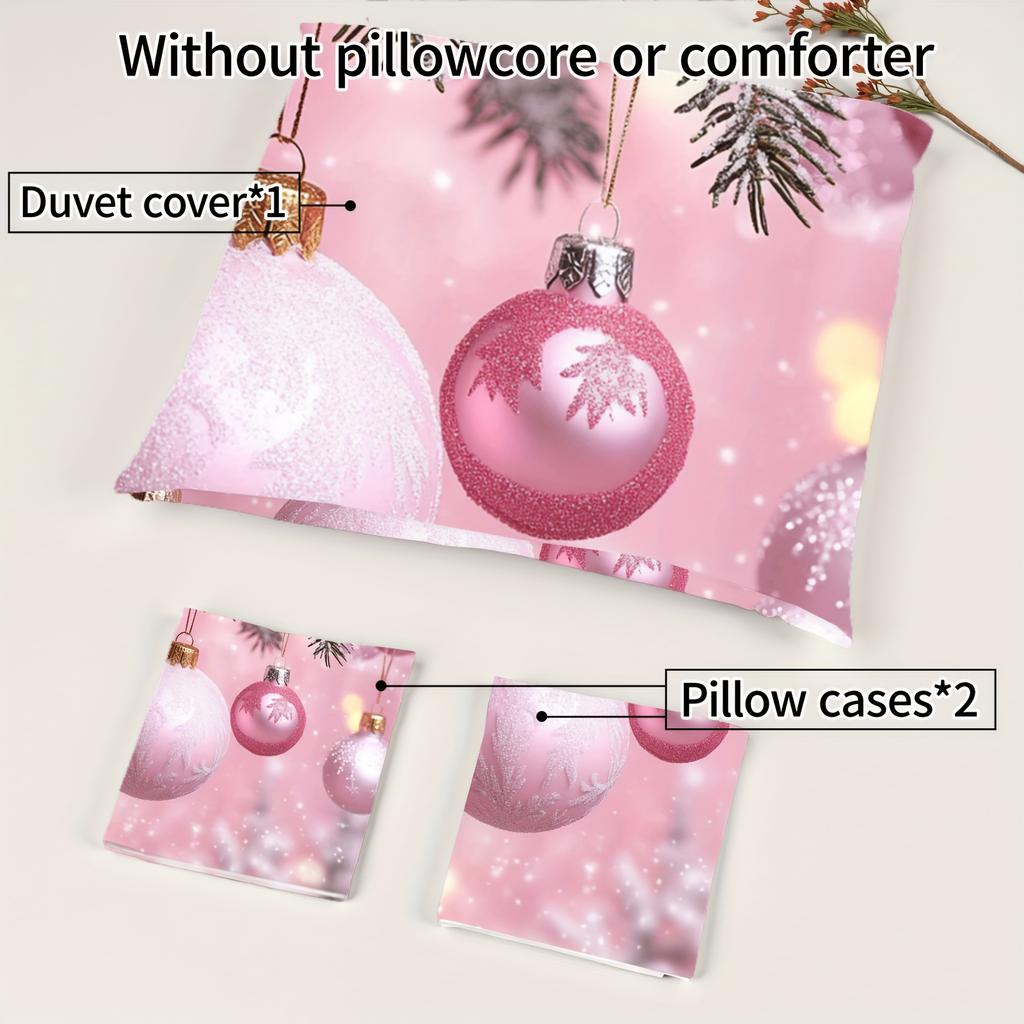3pcs Pink Christmas Baubles Duvet Cover Set - Festive Holiday Design with Golden Balls & Snowflakes, Breathable Polyester