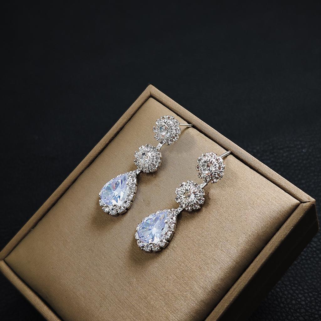 Luxury Zircon Flower Jewelry Set Geometric Drop Necklace Earrings Bracelet 3PCS